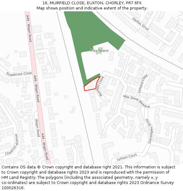 16, MUIRFIELD CLOSE, EUXTON, CHORLEY, PR7 6FX: Location map and indicative extent of plot