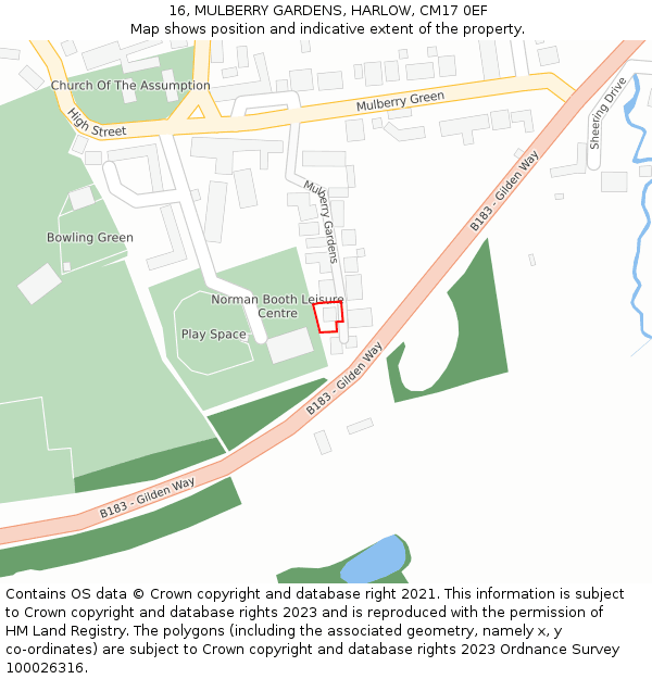 16, MULBERRY GARDENS, HARLOW, CM17 0EF: Location map and indicative extent of plot