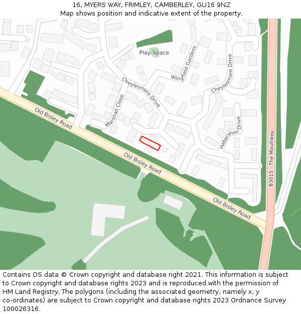 16, MYERS WAY, FRIMLEY, CAMBERLEY, GU16 9NZ: Location map and indicative extent of plot