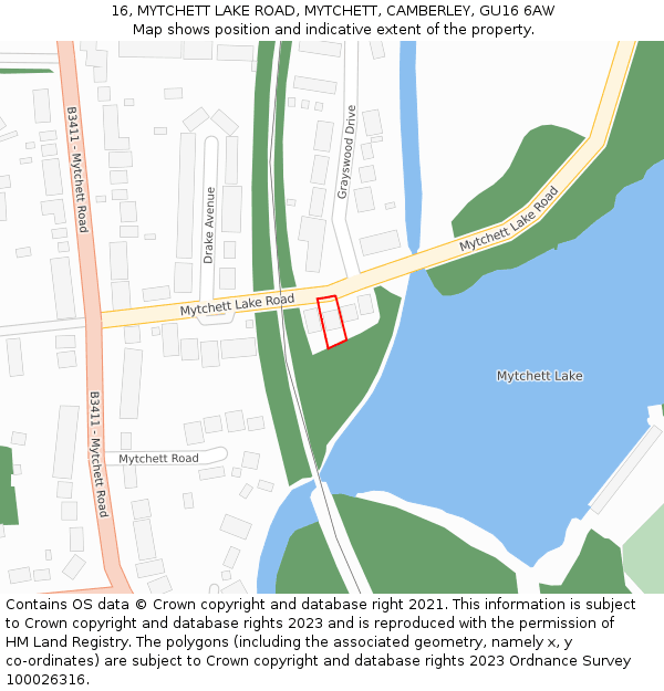 16, MYTCHETT LAKE ROAD, MYTCHETT, CAMBERLEY, GU16 6AW: Location map and indicative extent of plot