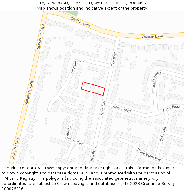 16, NEW ROAD, CLANFIELD, WATERLOOVILLE, PO8 0NS: Location map and indicative extent of plot