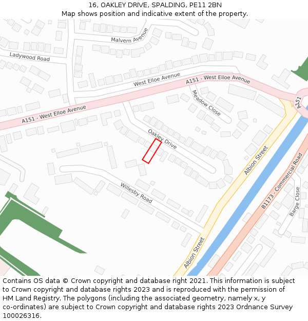 16, OAKLEY DRIVE, SPALDING, PE11 2BN: Location map and indicative extent of plot