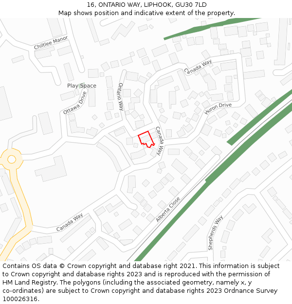 16, ONTARIO WAY, LIPHOOK, GU30 7LD: Location map and indicative extent of plot