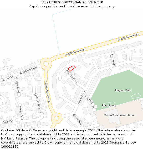 16, PARTRIDGE PIECE, SANDY, SG19 2UP: Location map and indicative extent of plot