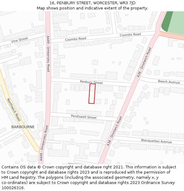 16, PENBURY STREET, WORCESTER, WR3 7JD: Location map and indicative extent of plot