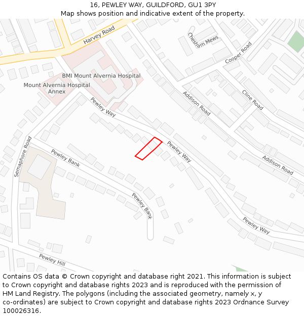 16, PEWLEY WAY, GUILDFORD, GU1 3PY: Location map and indicative extent of plot