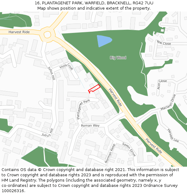 16, PLANTAGENET PARK, WARFIELD, BRACKNELL, RG42 7UU: Location map and indicative extent of plot