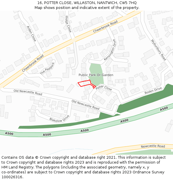 16, POTTER CLOSE, WILLASTON, NANTWICH, CW5 7HQ: Location map and indicative extent of plot