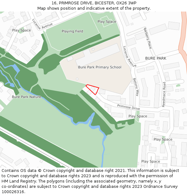 16, PRIMROSE DRIVE, BICESTER, OX26 3WP: Location map and indicative extent of plot