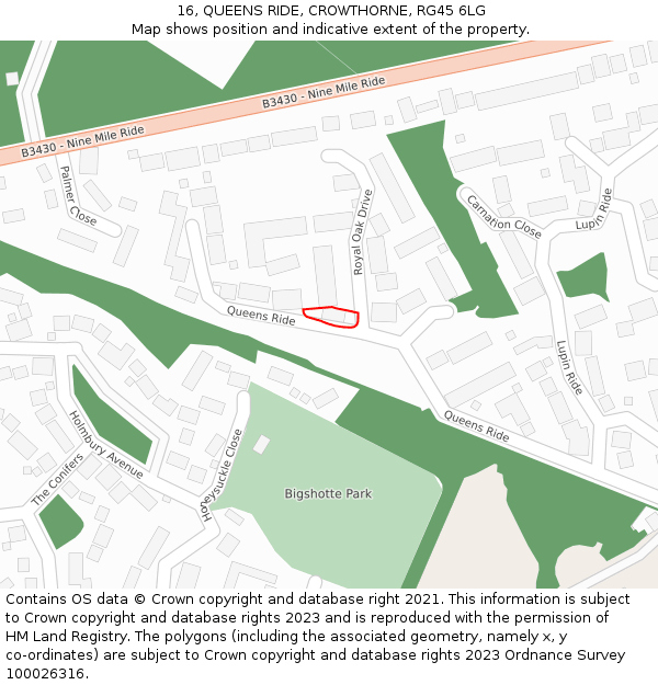 16, QUEENS RIDE, CROWTHORNE, RG45 6LG: Location map and indicative extent of plot