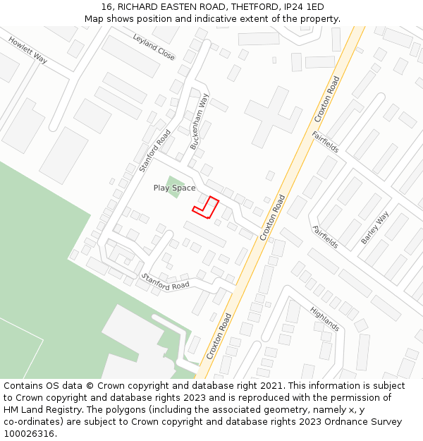 16, RICHARD EASTEN ROAD, THETFORD, IP24 1ED: Location map and indicative extent of plot