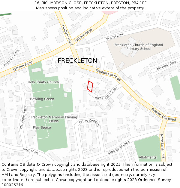 16, RICHARDSON CLOSE, FRECKLETON, PRESTON, PR4 1PF: Location map and indicative extent of plot