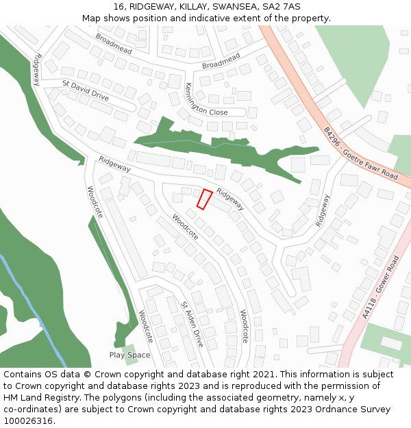 16, RIDGEWAY, KILLAY, SWANSEA, SA2 7AS: Location map and indicative extent of plot