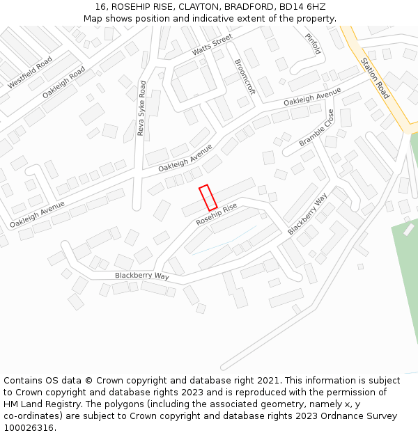 16, ROSEHIP RISE, CLAYTON, BRADFORD, BD14 6HZ: Location map and indicative extent of plot