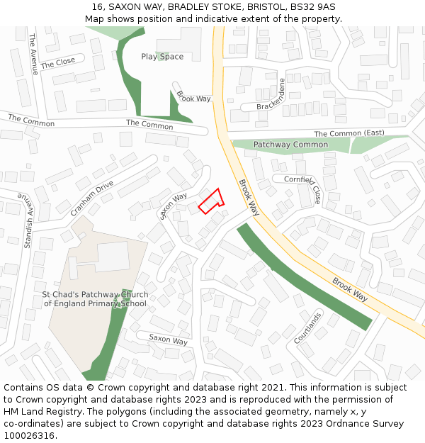 16, SAXON WAY, BRADLEY STOKE, BRISTOL, BS32 9AS: Location map and indicative extent of plot