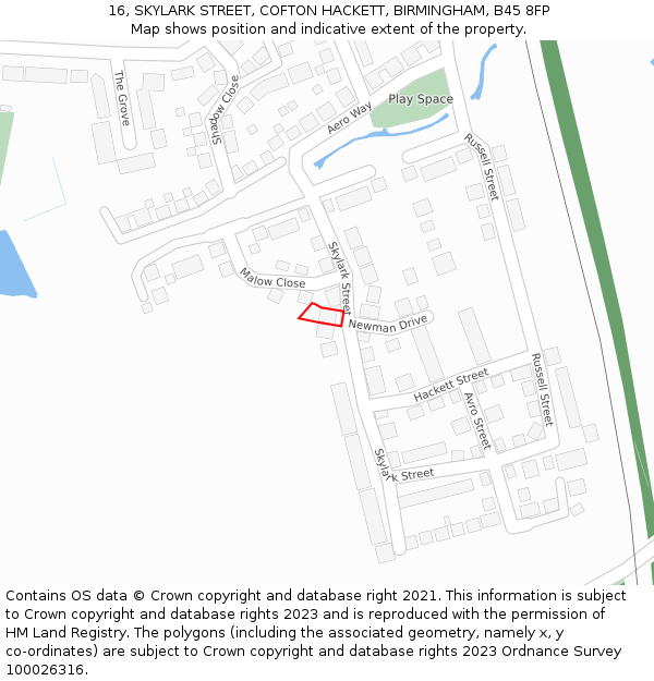 16, SKYLARK STREET, COFTON HACKETT, BIRMINGHAM, B45 8FP: Location map and indicative extent of plot