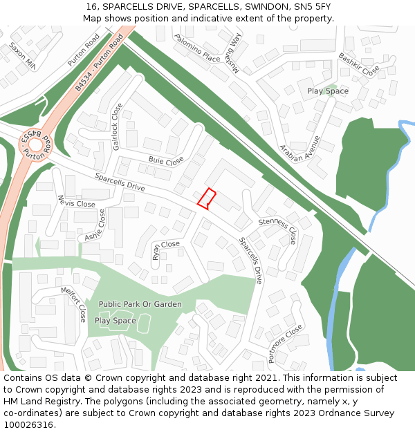 16, SPARCELLS DRIVE, SPARCELLS, SWINDON, SN5 5FY: Location map and indicative extent of plot