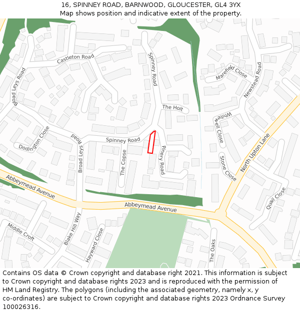 16, SPINNEY ROAD, BARNWOOD, GLOUCESTER, GL4 3YX: Location map and indicative extent of plot