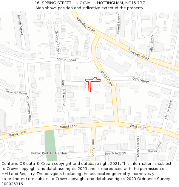 16, SPRING STREET, HUCKNALL, NOTTINGHAM, NG15 7BZ: Location map and indicative extent of plot