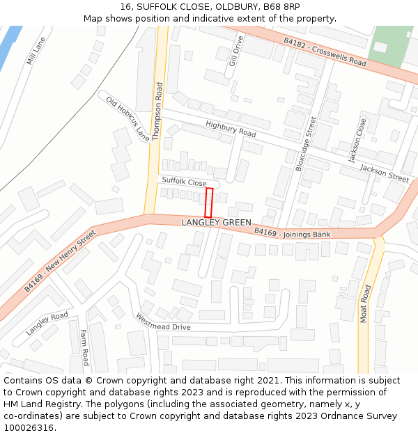 16, SUFFOLK CLOSE, OLDBURY, B68 8RP: Location map and indicative extent of plot