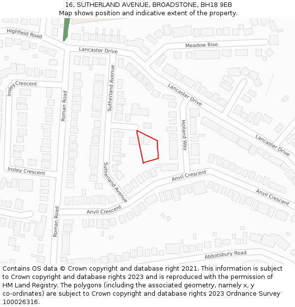 16, SUTHERLAND AVENUE, BROADSTONE, BH18 9EB: Location map and indicative extent of plot