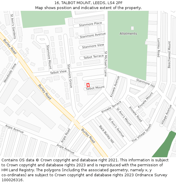 16, TALBOT MOUNT, LEEDS, LS4 2PF: Location map and indicative extent of plot