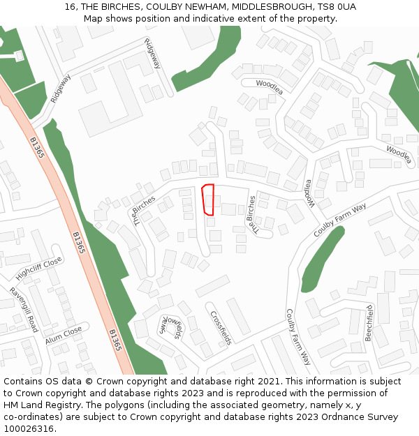 16, THE BIRCHES, COULBY NEWHAM, MIDDLESBROUGH, TS8 0UA: Location map and indicative extent of plot