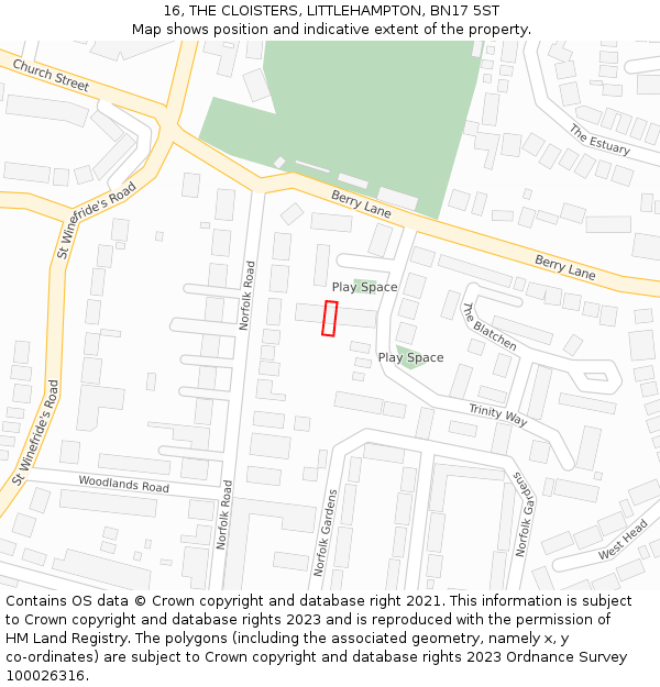 16, THE CLOISTERS, LITTLEHAMPTON, BN17 5ST: Location map and indicative extent of plot