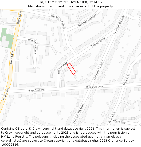 16, THE CRESCENT, UPMINSTER, RM14 1JY: Location map and indicative extent of plot