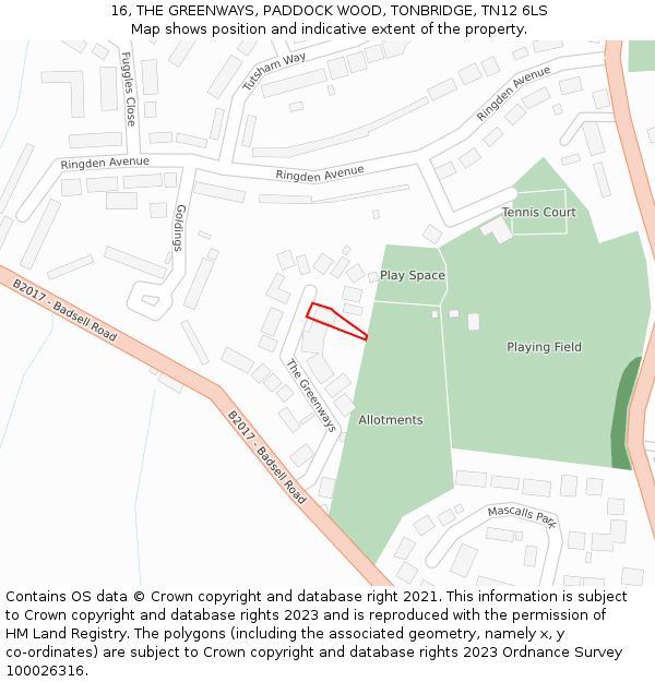 16, THE GREENWAYS, PADDOCK WOOD, TONBRIDGE, TN12 6LS: Location map and indicative extent of plot