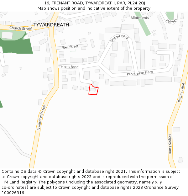 16, TRENANT ROAD, TYWARDREATH, PAR, PL24 2QJ: Location map and indicative extent of plot