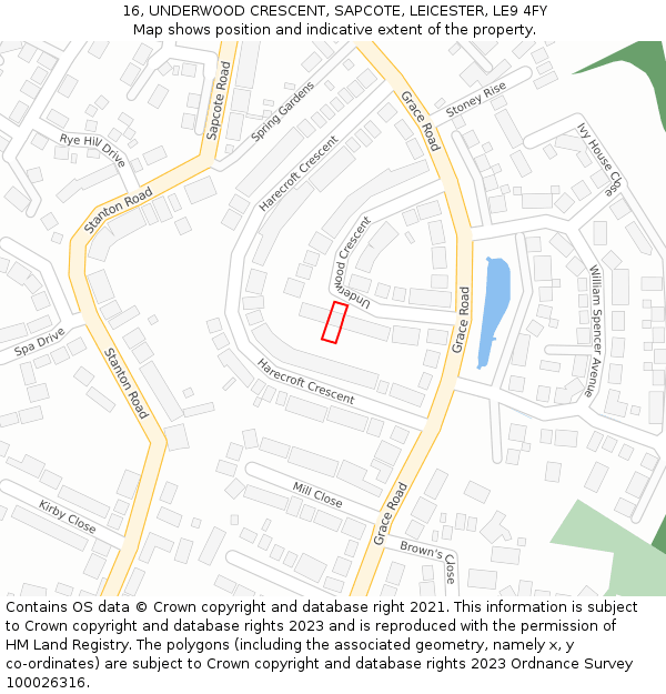 16, UNDERWOOD CRESCENT, SAPCOTE, LEICESTER, LE9 4FY: Location map and indicative extent of plot