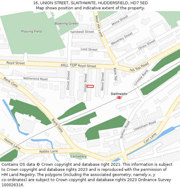 16, UNION STREET, SLAITHWAITE, HUDDERSFIELD, HD7 5ED: Location map and indicative extent of plot