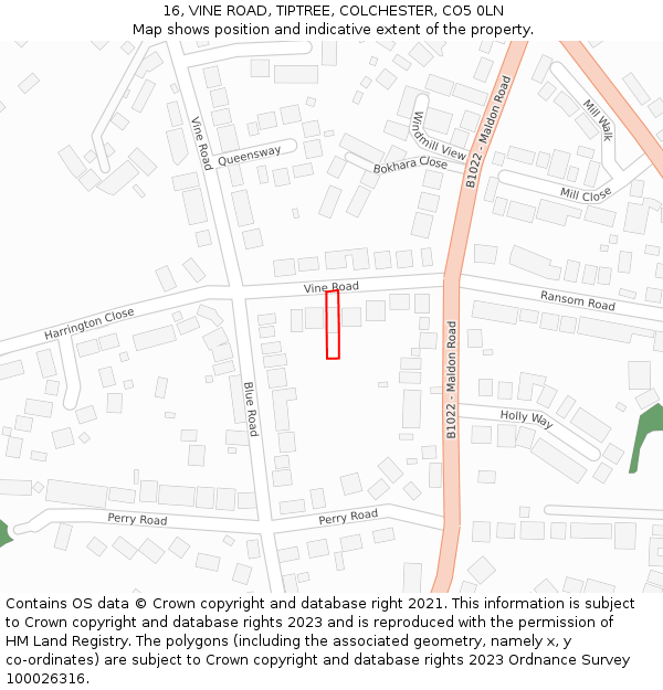 16, VINE ROAD, TIPTREE, COLCHESTER, CO5 0LN: Location map and indicative extent of plot