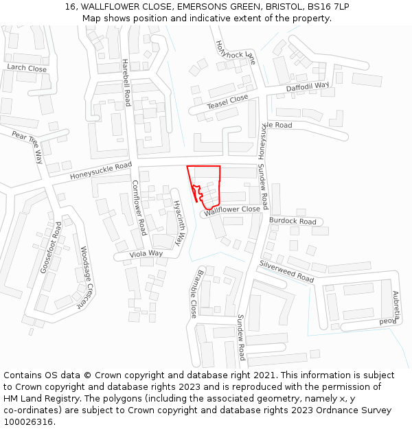 16, WALLFLOWER CLOSE, EMERSONS GREEN, BRISTOL, BS16 7LP: Location map and indicative extent of plot