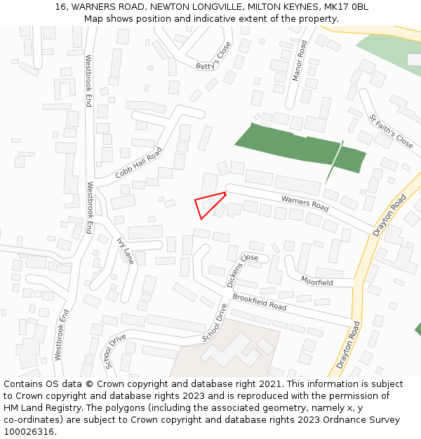 16, WARNERS ROAD, NEWTON LONGVILLE, MILTON KEYNES, MK17 0BL: Location map and indicative extent of plot