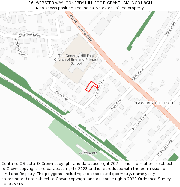 16, WEBSTER WAY, GONERBY HILL FOOT, GRANTHAM, NG31 8GH: Location map and indicative extent of plot