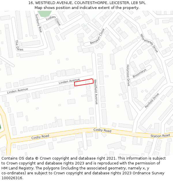 16, WESTFIELD AVENUE, COUNTESTHORPE, LEICESTER, LE8 5PL: Location map and indicative extent of plot