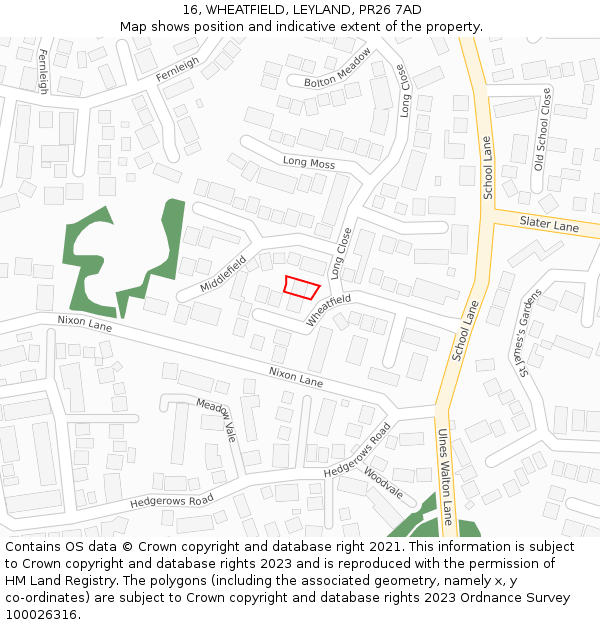 16, WHEATFIELD, LEYLAND, PR26 7AD: Location map and indicative extent of plot