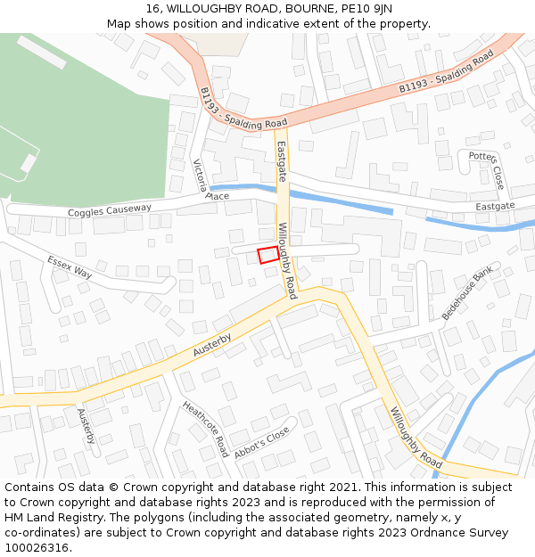 16, WILLOUGHBY ROAD, BOURNE, PE10 9JN: Location map and indicative extent of plot