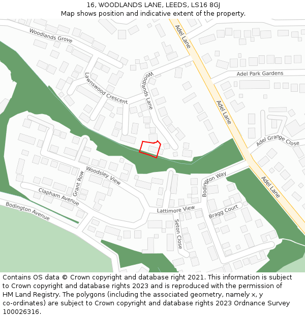 16, WOODLANDS LANE, LEEDS, LS16 8GJ: Location map and indicative extent of plot