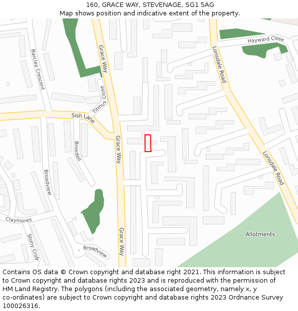 160, GRACE WAY, STEVENAGE, SG1 5AG: Location map and indicative extent of plot