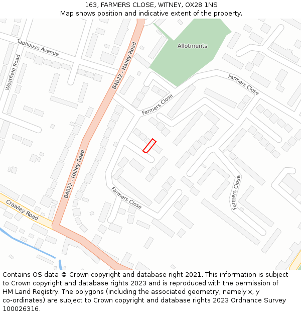 163, FARMERS CLOSE, WITNEY, OX28 1NS: Location map and indicative extent of plot