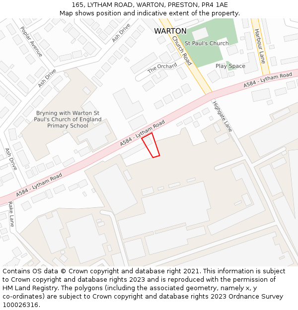 165, LYTHAM ROAD, WARTON, PRESTON, PR4 1AE: Location map and indicative extent of plot