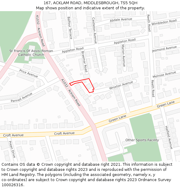 167, ACKLAM ROAD, MIDDLESBROUGH, TS5 5QH: Location map and indicative extent of plot