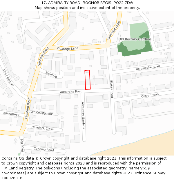 17, ADMIRALTY ROAD, BOGNOR REGIS, PO22 7DW: Location map and indicative extent of plot