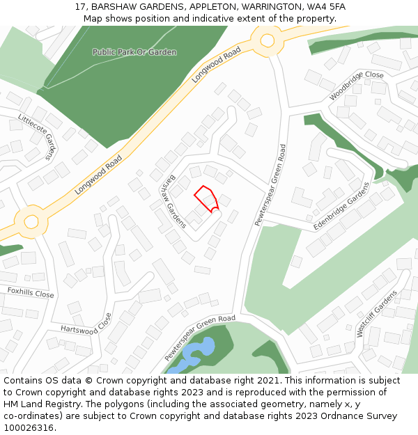 17, BARSHAW GARDENS, APPLETON, WARRINGTON, WA4 5FA: Location map and indicative extent of plot