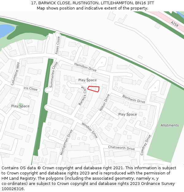 17, BARWICK CLOSE, RUSTINGTON, LITTLEHAMPTON, BN16 3TT: Location map and indicative extent of plot