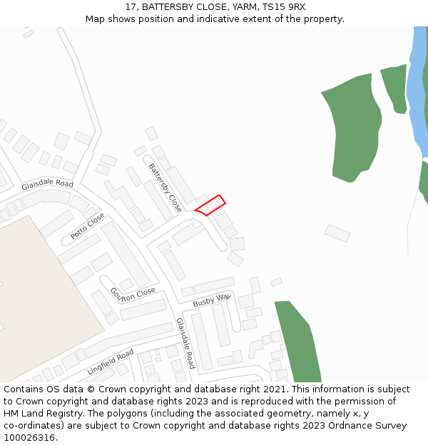 17, BATTERSBY CLOSE, YARM, TS15 9RX: Location map and indicative extent of plot