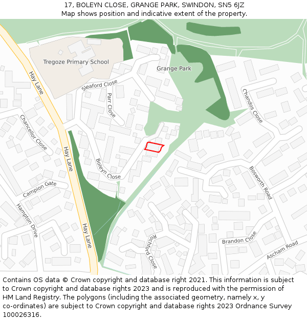 17, BOLEYN CLOSE, GRANGE PARK, SWINDON, SN5 6JZ: Location map and indicative extent of plot